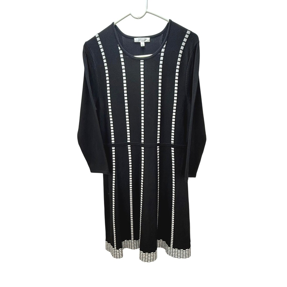 Spense Dress L Black White Stripe Fit Flare Knit Sweater Office Professional